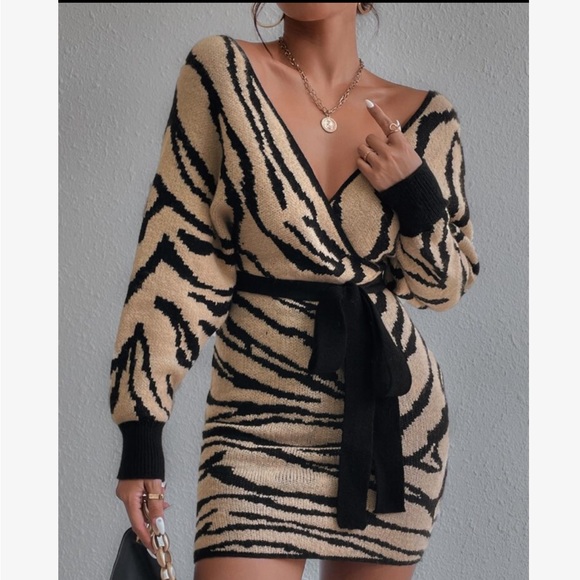 Cozy Off Shoulder Zebra Striped Pattern Batwing Sleeve Belted Sweater Dress - Picture 4 of 5